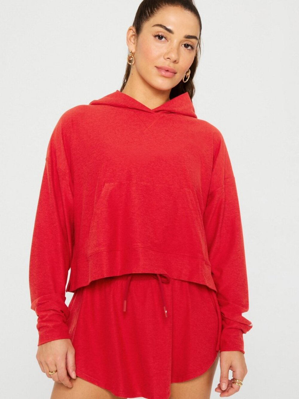 Fabletics: Cloud Jersey Cropped Hoodie, Size L, Color: Holly Berry Heather